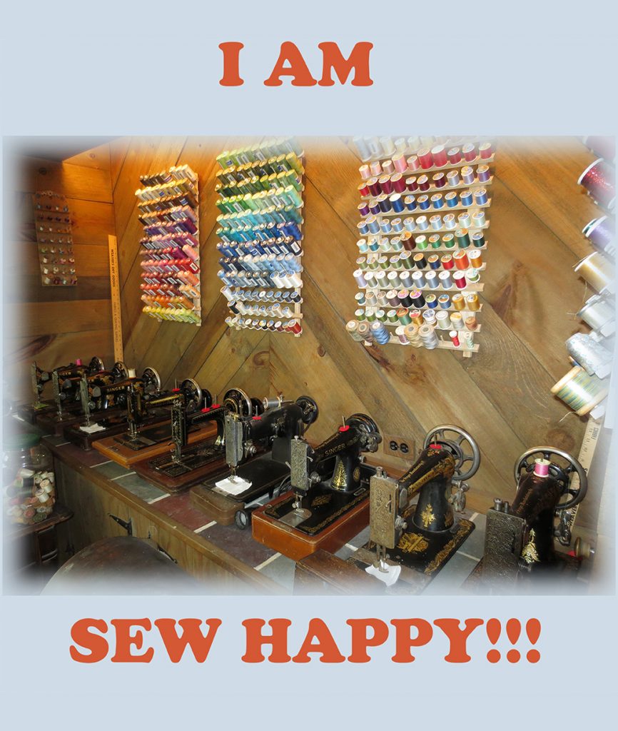Photo of 9 hand crank sewing machines and several thread spool racks.
"I Am Sew Happy!!!"